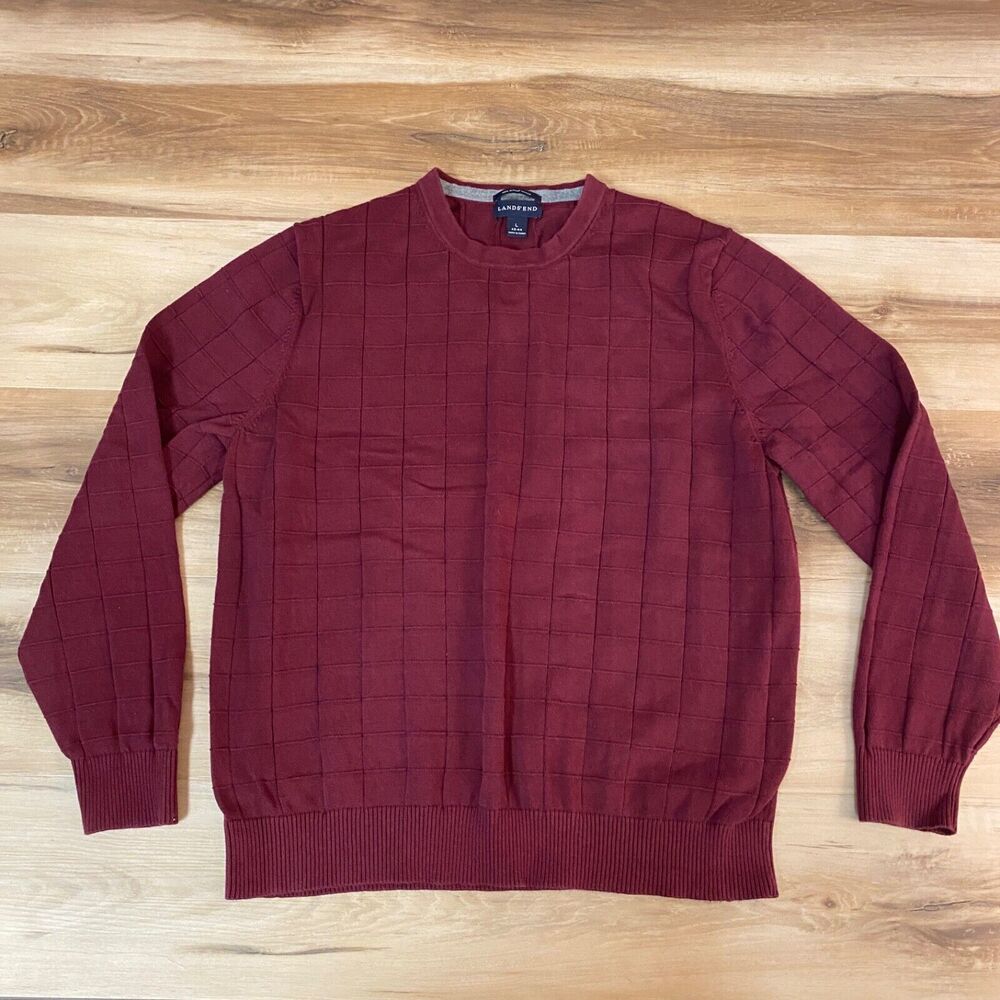 Lands End Sweater Mens Large Cranberry Red Windowpane Knit Crewneck Supima Cotto